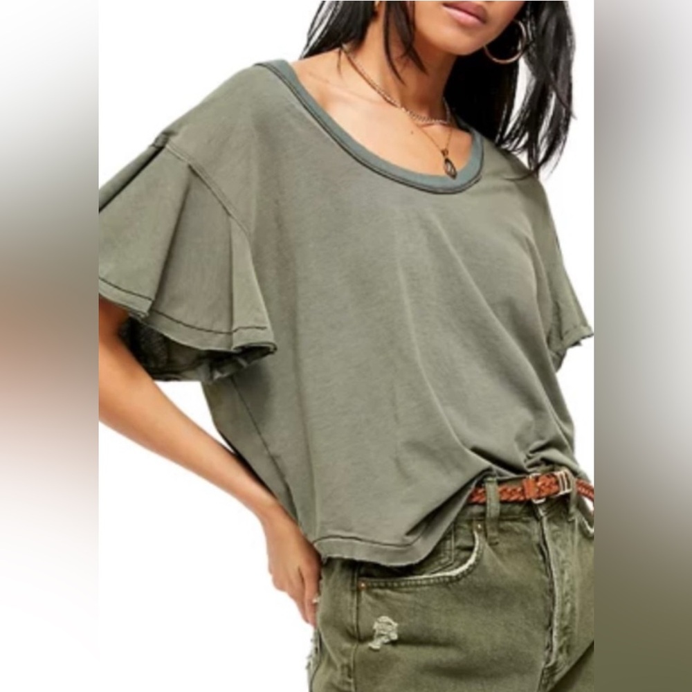 Free People Olive Green Flutter Sleeve Top Size xl